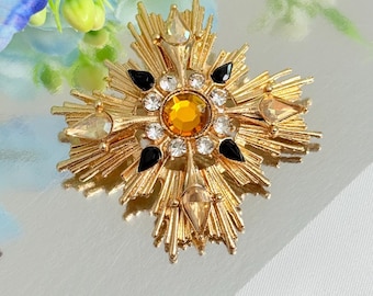 Vintage Starburst-broche, goudkleurige veelkleurige kristallen statementpin