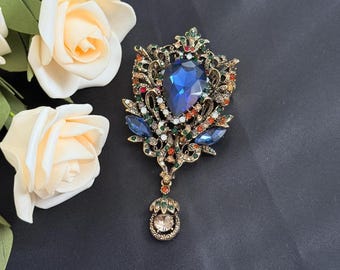 Large Baroque Sapphire Blue Brooch, Antique Gold Filigree Crystal Statement Jewelry