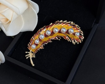 Vintage Enamel Feather Brooch, Gold Tone Imitation Pearl Pin, Retro Statement Jewelry
