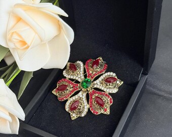 Vintage Christmas Flower Brooch, Red Green Crystal Pin, Antique Gold Tone Statement Jewelry