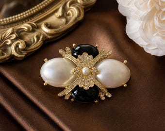 Vintage Gold-Tone Cross Brooch, Faux Pearl, Black Enamel, Rhinestone Statement Pin
