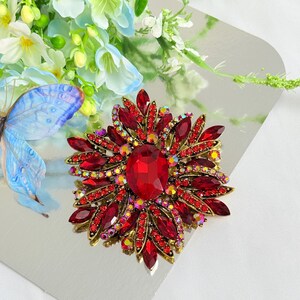 May include: A large, ornate brooch with a floral design. The brooch features a central, oval-shaped red gemstone surrounded by numerous red and iridescent crystals. The setting is gold-toned.