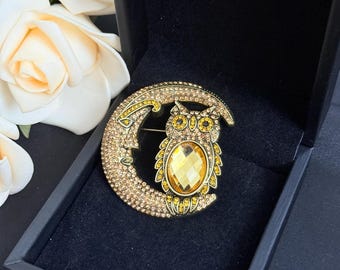 Vintage Owl Moon Brooch, Antique Gold Crystal Pin, Nature Boho Jewelry