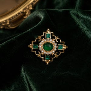 May include: A gold-toned brooch featuring a central oval green stone surrounded by a ring of small white pearls. The frame is an intricate geometric shape with four square green stones set at the top, bottom, left, and right points of the design.