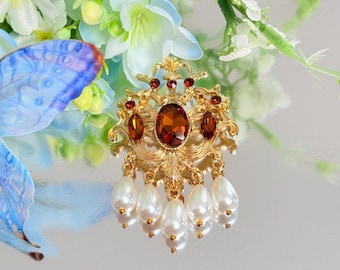 Vintage Amber Crystal Brooch, Gold-Toned Pearl Dangle Pin, Regal Statement Jewelry