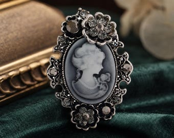 Vintage Cameo Lady Brooch, Rhinestone Floral Pin, Gothic Portrait Brooch, Gift For Her, Retro Coat Accessory