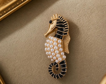 Vintage Pearl Seahorse Brooch, Black Enamel Gold Lapel Pin, Ocean Animal Brooch, Retro Costume Jewelry Gift