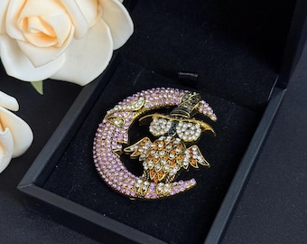 Vintage Owl Witch Hat Moon Brooch, Purple Rhinestone Gothic Statement Jewelry