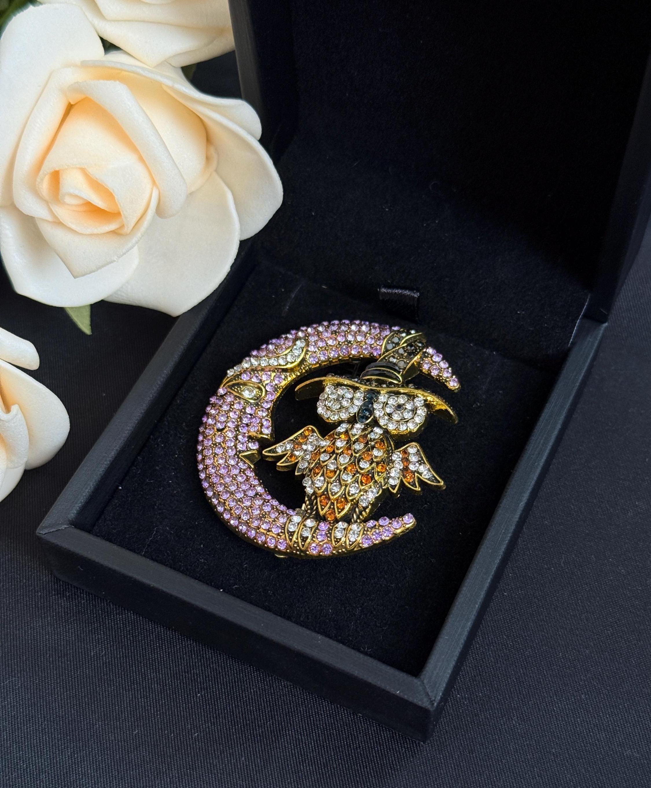 Vintage Owl Witch Hat Moon Brooch, Purple Rhinestone Gothic Statement Jewelry