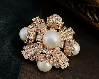Rose Gold Snowflake Pearl Brooch, Crystal Floral Lapel Pin, Elegant Wedding Statement Jewelry