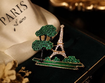 Broche Eiffeltoren Parijs, goudkleurig kristal en emaille pin, vintage stadsgezicht statement sieraden