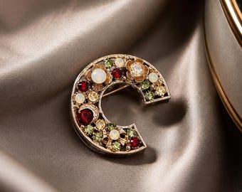 Vintage hoefijzerbroche, goudkleurige veelkleurige kristal- en opaalspeld, Lucky Statement-sieraden