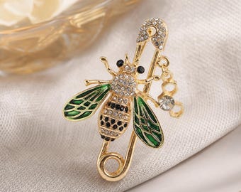 Vintage Bee Safety‑Pin Brooch, Enamel Rhinestone Insect Brooch, Gift for Her