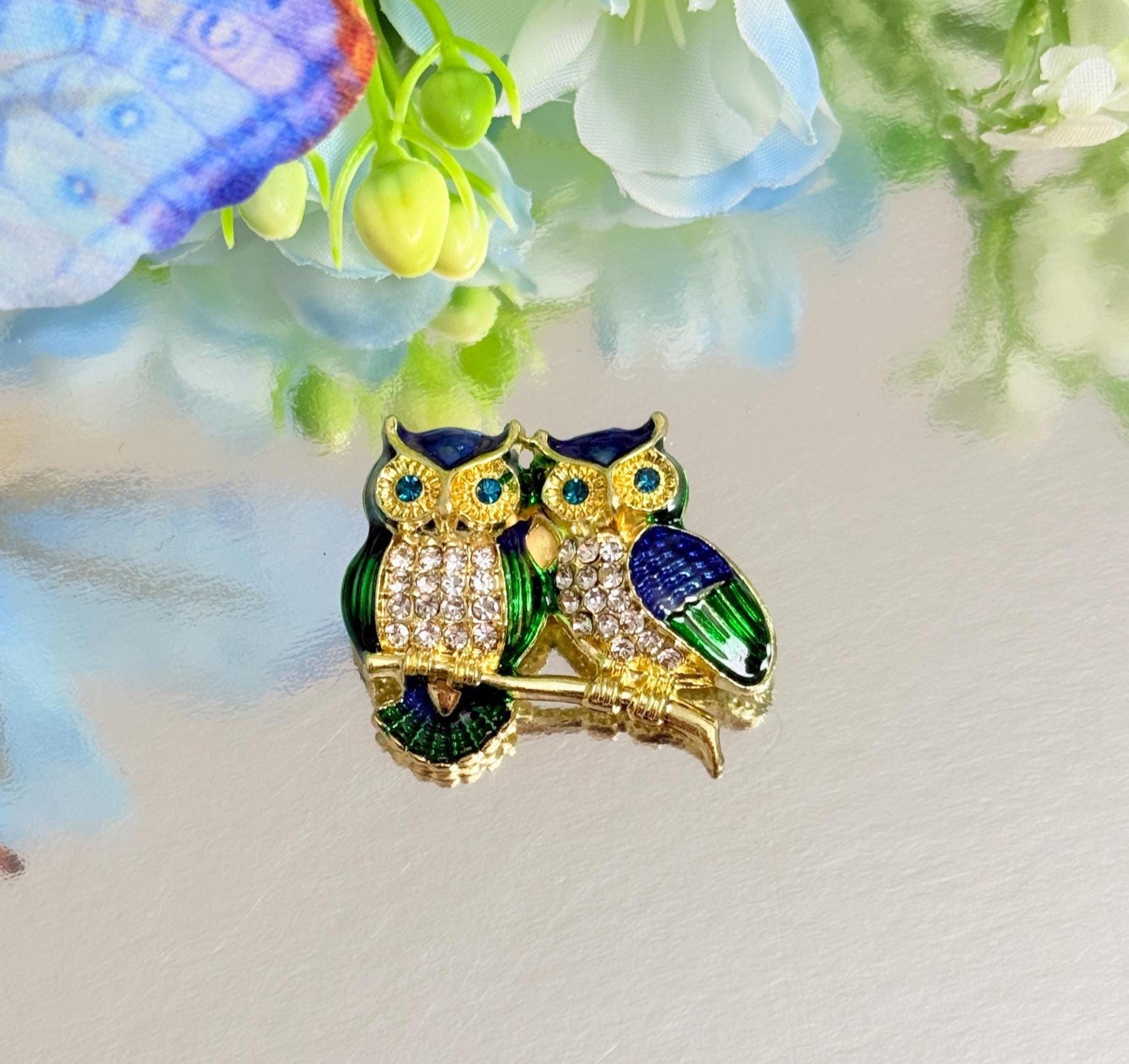 Twin Owls Enamel Brooch, Gold Tone Crystal Bird Pin, Whimsical Jewelry
