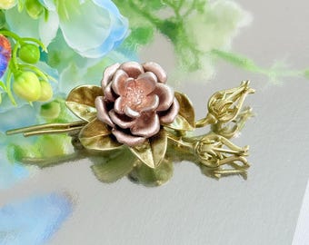 Vintage Rose Flower Brooch, Gold Tone Enamel Floral Pin, Nature Jewelry, Boho Style
