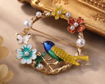 Vintage Enamel Bird Wreath Brooch, Colorful Floral Pearl Gold Tone Lapel Pin