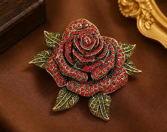 Vintage Red Rose Rhinestone Brooch, Crystal Flower Lapel Pin, Antique Gold Floral Brooch, Gift For Her, Coat Accessory