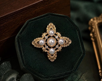 Vintage Gold Pearl Rhinestone Brooch, Victorian Square Pin Wedding Gift For Her
