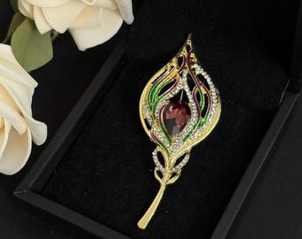 Peacock Feather Brooch, Gold Tone Garnet Crystal Pin, Enamel & Rhinestone Statement Jewelry