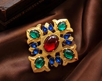 Vintage veelkleurige edelsteenbroche, goudkleurige rode groenblauwe statementspeld, koninklijke sieraden