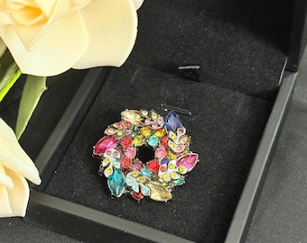Multicolor Wreath Brooch, Rainbow Rhinestone Circle Pin, Antique Silver Tone Statement Jewelry