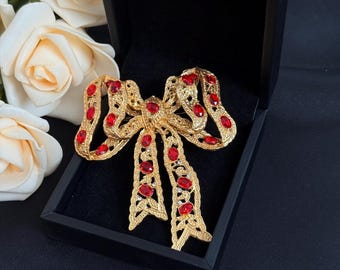 Vintage Gold Bow Brooch, Red Crystal Filigree Statement Pin, Women's Costume Jewelry