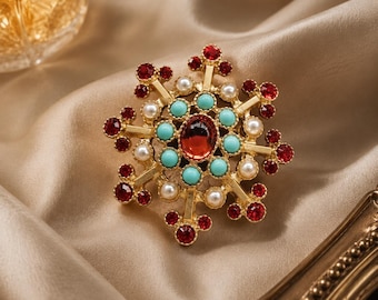 Vintage meerstenen sneeuwvlokbroche, goudkleurige rode en turkoois statementspeld, vorstelijke sieraden