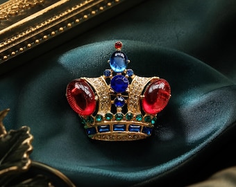 Vintage Royal Crown Brooch, Gold Tone with Multi-Color Gemstones, Regal Statement Pin