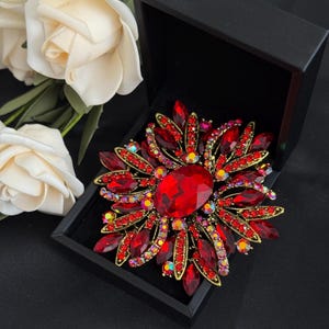 May include: A large, ornate red brooch with a central oval-shaped stone and surrounding smaller red and iridescent crystals. The brooch is set in a gold-toned metal and displayed in a black box, with white roses in the background.