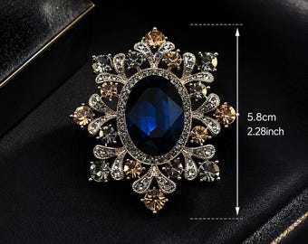 Vintage Sapphire Crystal Snowflake Brooch, Gold Filigree Statement Pin, Wedding Dress Jewelry