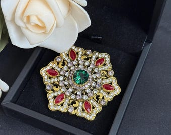 Vintage Floral Mandala Brooch, Green Red Crystal Pin, Antique Gold Jewelry