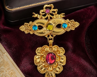Vintage Gold Ornate Brooch with Multicolor Stones, Baroque Statement Pin