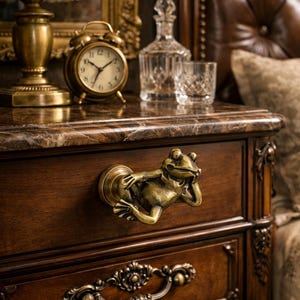以下が含まれることがあります： 大理石の天板が付いた濃い色の木製ナイトスタンド。真鍮製のカエル型の引き出し取っ手が付いています。真鍮製のランプ、目覚まし時計、クリスタルデカンタが上に置かれています。寝室セットの一部です。