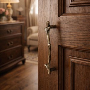 Pode incluir: Uma maçaneta de porta bronzeada em forma de galho de árvore é montada em uma porta de madeira marrom escura. A porta tem um design em painéis. O fundo mostra uma sala com uma lâmpada e uma cômoda.