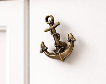 Antique Brass Anchor Cabinet Knob – Nautical Single Hole Drawer Pull, Coastal Furniture Handle