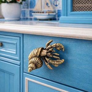 Hermit Crab Cabinet Knob, Retro Brass Ocean Animal Handle, Coastal Furniture Drawer Pull