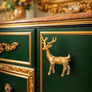 Elk Deer Brass Cabinet Knob, Woodland Animal Drawer Pull, Gold Zinc Alloy Handle