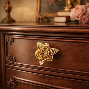 Brass Camellia Flower Cabinet Knob, Gold Zinc Alloy Drawer Pull, Vintage Floral Furniture Handle