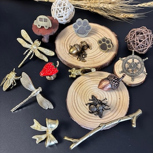 May include: A collection of decorative cabinet knobs and pulls in various shapes and colors. Includes a car, dragonfly, bow, bee, acorn, paw print, and ship's wheel. The knobs are made of metal and wood, with a variety of finishes.