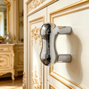 May include: Close-up of a polished chrome cabinet pull handle. The handle has a unique, curved design and is mounted on a cream-colored cabinet door with gold trim and ornate detailing. The background shows a glimpse of a matching cabinet.