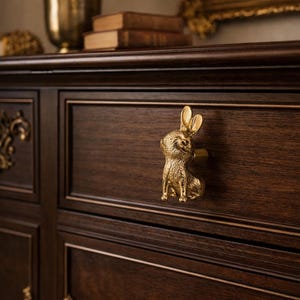 Solid Brass Bunny Cabinet Knob, Polished Gold Rabbit Drawer Pull, Nordic Luxury Furniture Handle