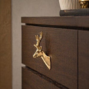 Brass Deer Head Cabinet Knob, Zinc Alloy Forest Animal Drawer Pull, Rustic Woodland Handle