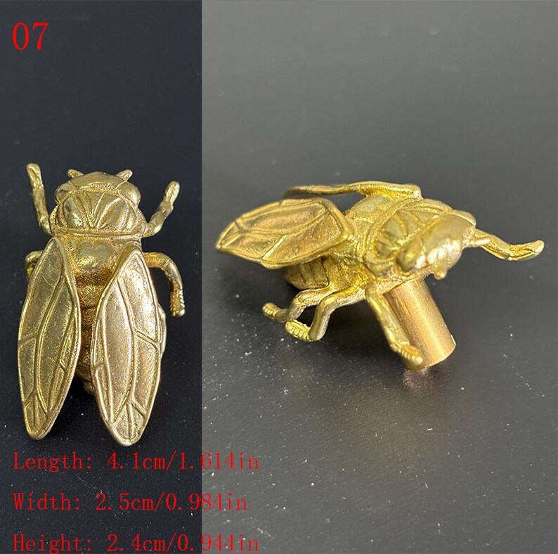 Puede incluir: Figura de metal dorada de cigarra con alas y cuerpo detallados. La figura mide 4,1 cm de largo, 2,5 cm de ancho y 2,4 cm de alto. El n&uacute;mero "07" est&aacute; en la esquina superior izquierda.
