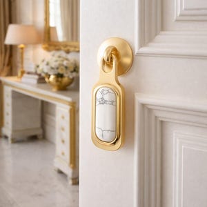 May include: A gold-toned door pull with a rectangular white stone inlay featuring gray veining. The pull is mounted on a matching circular backplate, showcasing a luxurious design element for interior doors.