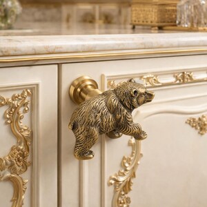 Solid Brass Bear Drawer Handle, Antique Animal Cabinet Knob, Rustic Home Decor