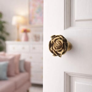 Solid Brass Rose Drawer Pull – Antique Floral Cabinet Knob, Single Hole Furniture Handle