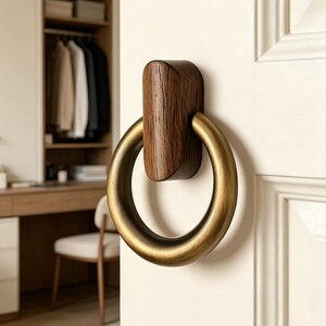 Walnut Wood Ring Drawer Pull, Antique Brass Cabinet Handle, Rustic Furniture Knob