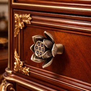 May include: Close-up of a wooden cabinet with ornate gold trim and a lotus flower drawer pull. The cabinet is a rich, dark brown color with a polished finish. The drawer pull is a detailed, antique-style design.
