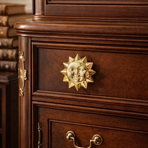 Op de afbeelding: Een donkerbruine houten dressoir met een gouden zonvormige knop. De dressoir heeft meerdere laden en decoratieve gouden hardware. De zonvormige knop is gecentreerd op de bovenste lade.