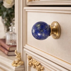 Tirador de armario de latón con cristal de mármol azul, tirador de cajón de un solo orificio, tirador moderno minimalista.